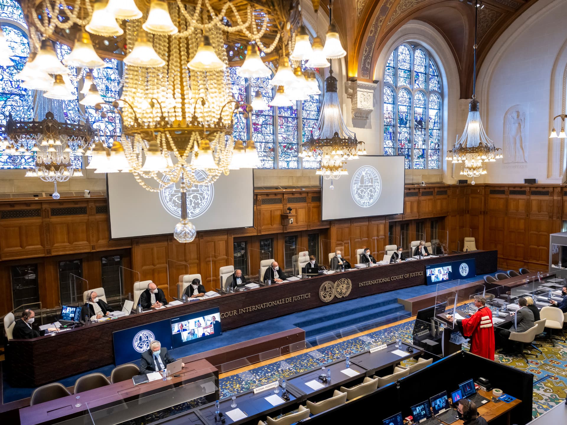 The court room of the International Court of Justice during the hearings in the case Ukraine v. Russian Federation. Photo: ICJ The court room of the International Court of Justice.